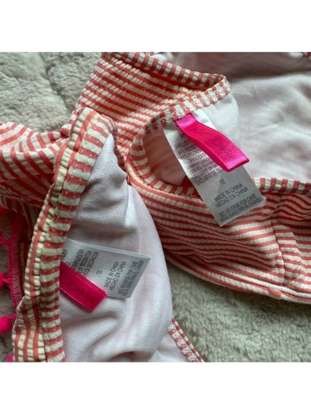 Betsey Johnson | Pink And Cream Seersucker Pompom Trimmed Bikini Set | Size 12